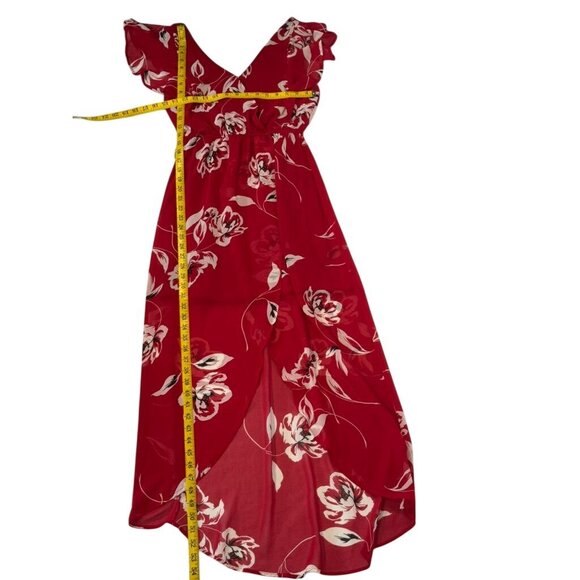 MauricesX-Small Womens Floral Wrap Dress Red White Ruffle Sleeve Maxi Sheer Over - Picture 8 of 10
